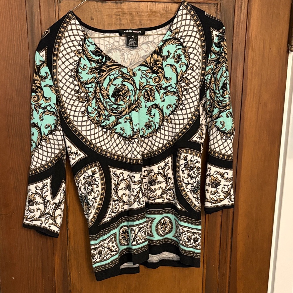 Ellen Tracy Elegant Black and Turquoise Patterned top